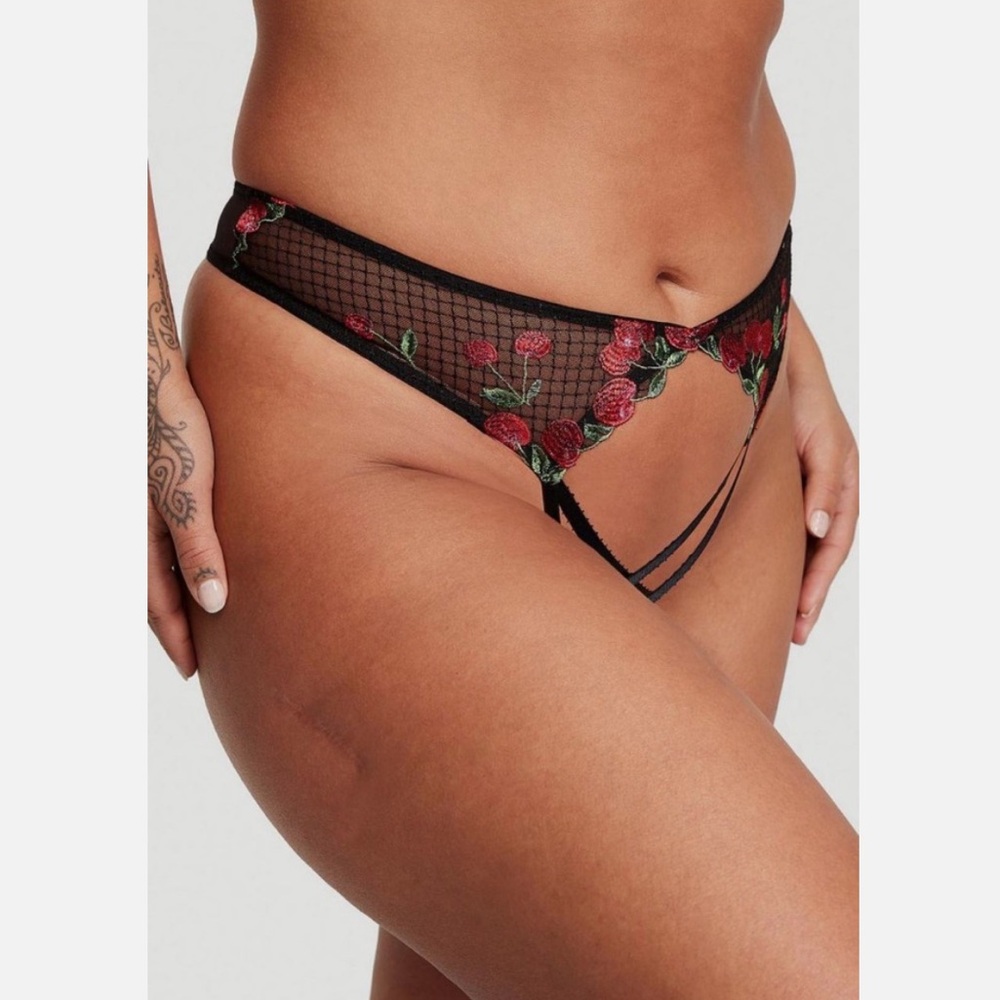 Victoria's Secret Black Lace Garter Panty with Red Cherry Embroidery